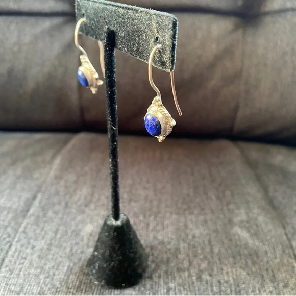 Silver Marked Lapis Lazuli Drop Earrings with Hook Backing - Picture 6 of 7